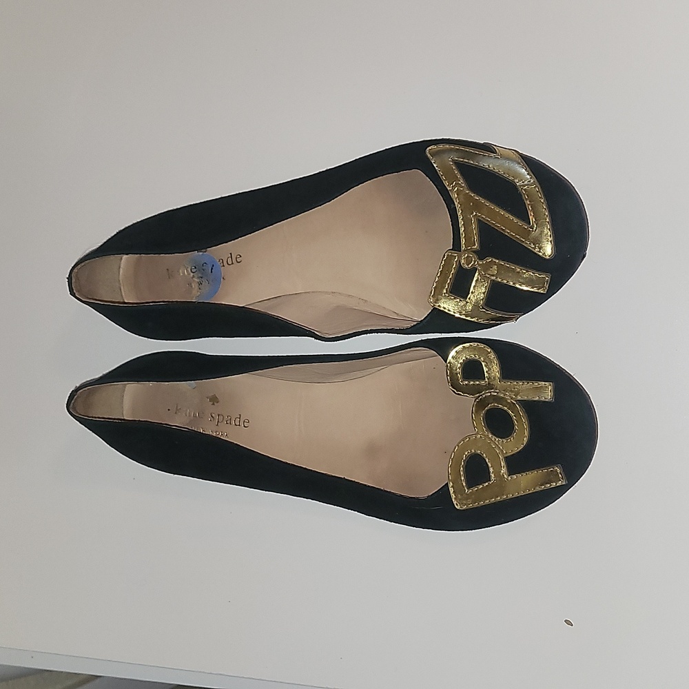 RARE-Kate Spade Pop Fizz black and gold suede flats, sz 7.5